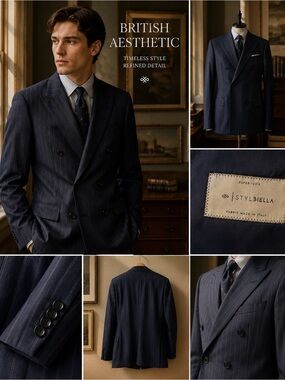 Navy Pinstripe Double-Breasted Suit Jacket with pants